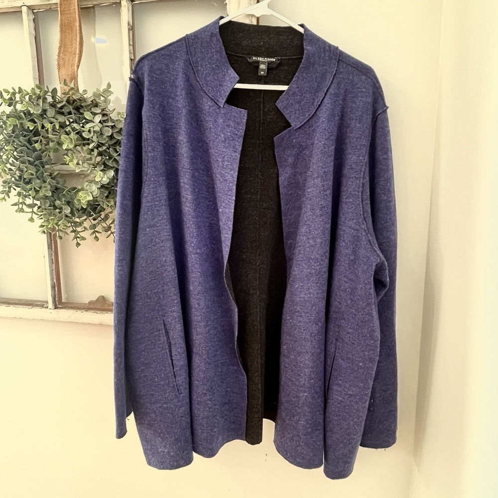 Eileen Fisher Merino Wool Collarless Open Front Cardigan Jacket XXL blue/purple - Picture 1 of 5
